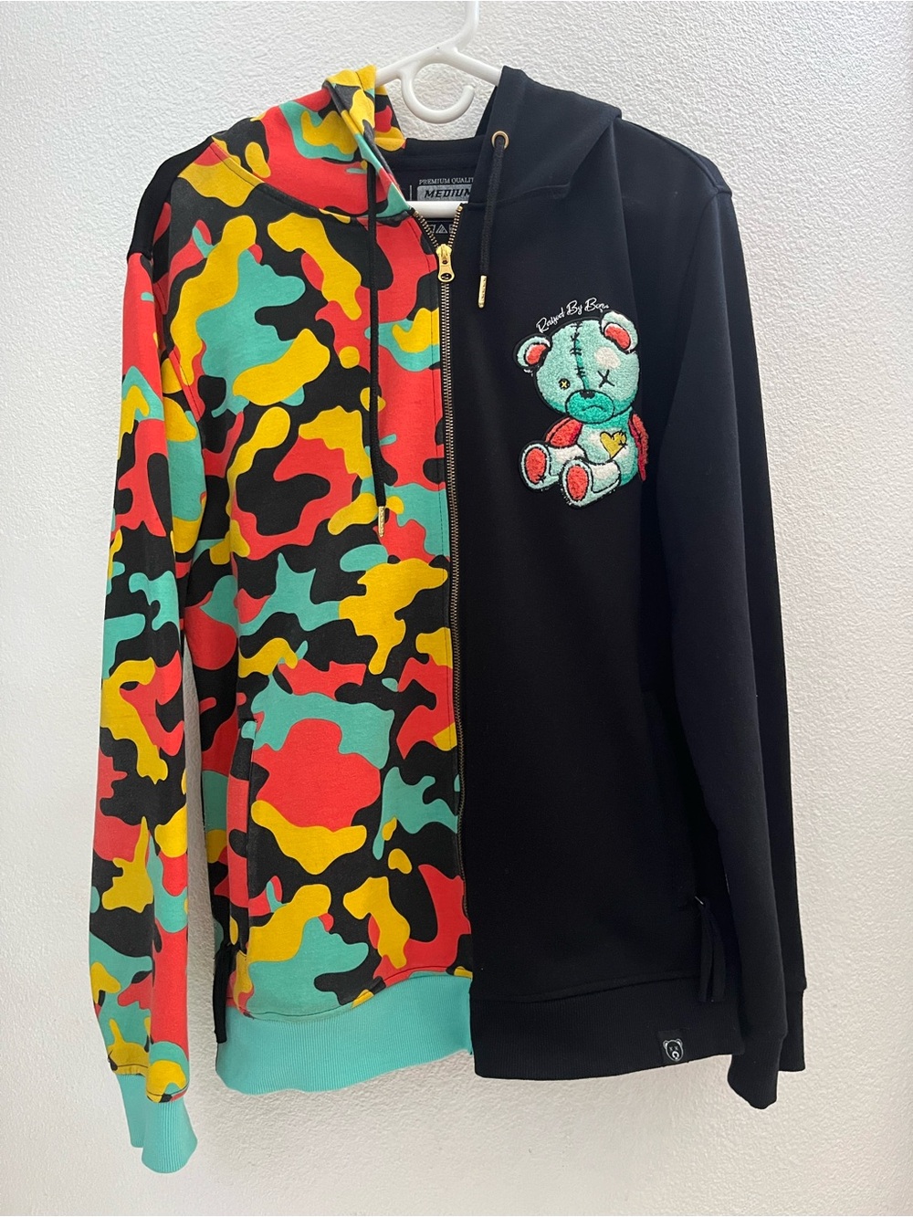 CivilizeD - Bear Graphic Half-Camo Hooded Zip Sweatshirt - Black & Multicolor